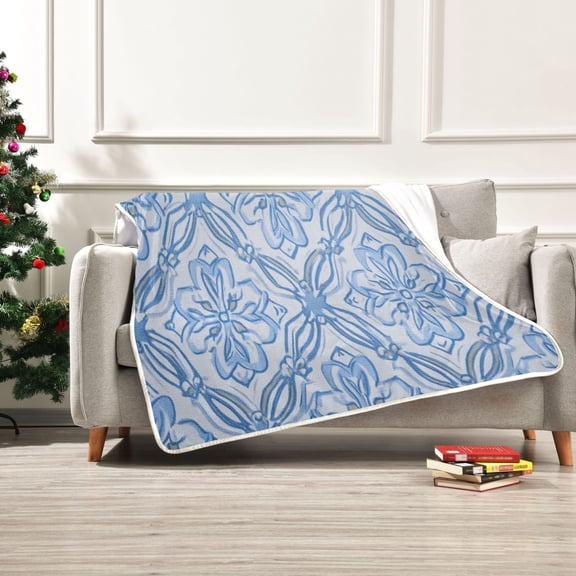 50x60 inch Crystal Fleece & Arctic Fleece Blanket Soft Bed Throws for Home or Camping Blue Elegant Geometric Design