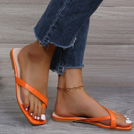 

uikmnh Slippers for Women Women s Solid Color Large Size Flat Fish Mouth Sandals And Slippers Orange 8.5