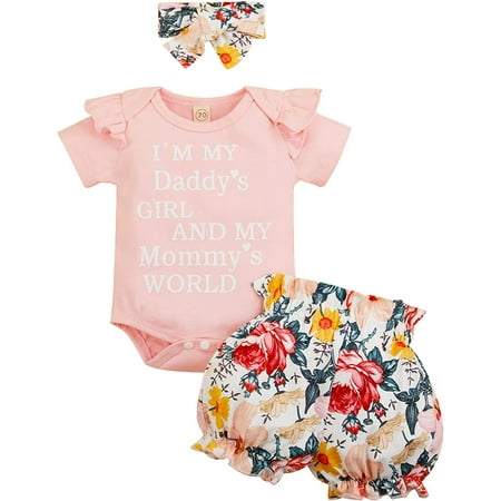 

ZOELNIC Newborn Infant Baby Girls Floral Short Sleeve Outfits Daddy s Girl Mommy s World Romper Top +Flower Shorts +Headband Set Pink 6-12 Months