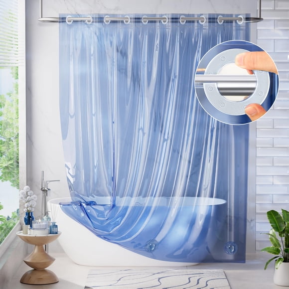 Cortina de ducha AmazerBath sin gancho, 3 en 1, lujosa, azul transparente