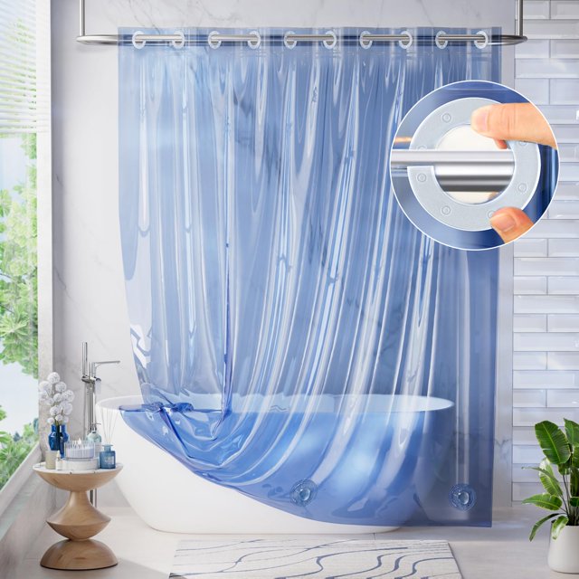Cortina de ducha AmazerBath sin gancho, 3 en 1, lujosa, azul transparente