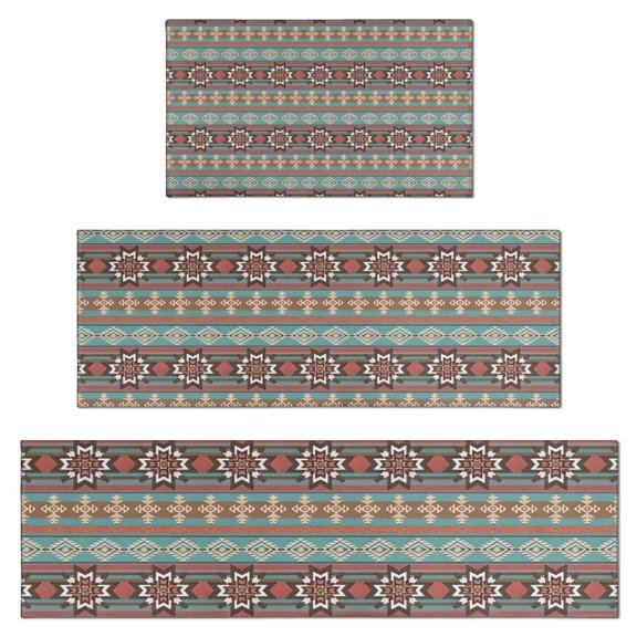 Boho Blue Ethnic Pattern with Star Motifs Kitchen Rugs Sets Of 3,Kitchen Runner Rugs Non Skid Washable,Decorative Kitchen Floor Mats for Kitchen,Sink,Laundry,17"x30" 17"x47" 17"x59"