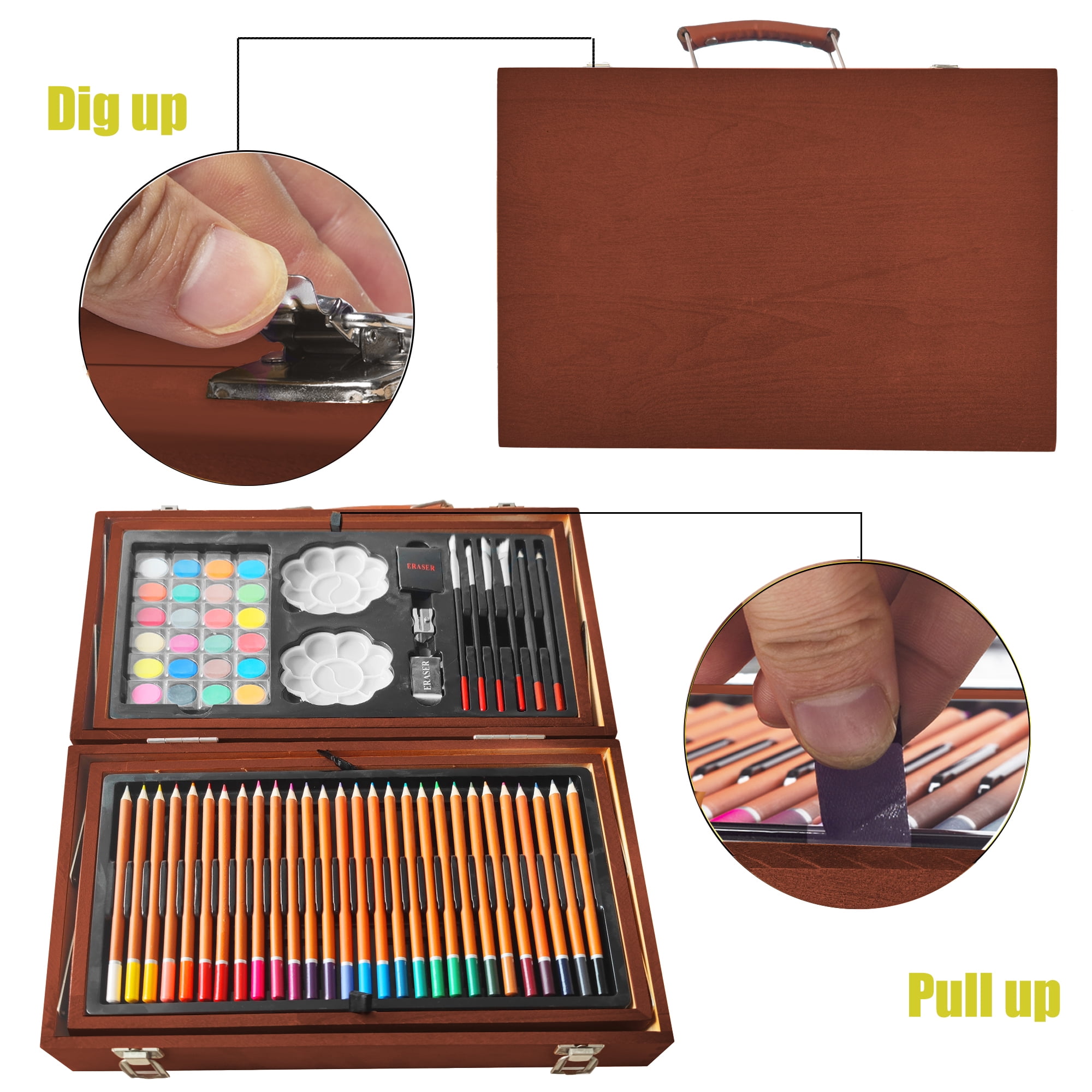 KINSPORY 139 pack Deluxe Portable Double Layers Wooden Coloring Drawing Kit with Sketch Pads, Art Set Gift for Artist Adults Beginners Kids (Brown)
