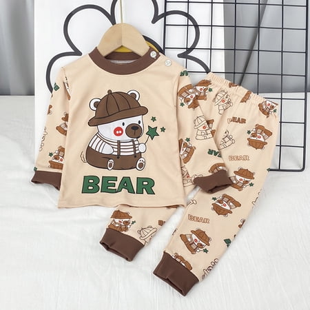 Hpapadks Baby Girl Outfits Soft Outfits Cartoon Bear Prints Long Sleeve Tops Pants Loungewear Sets Baby Boy Clothes Brown 3-6 Months