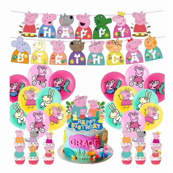Peppa Pig Theme Birthday Party Decorate Supplies Set,Balloon Banner Cake Toppers