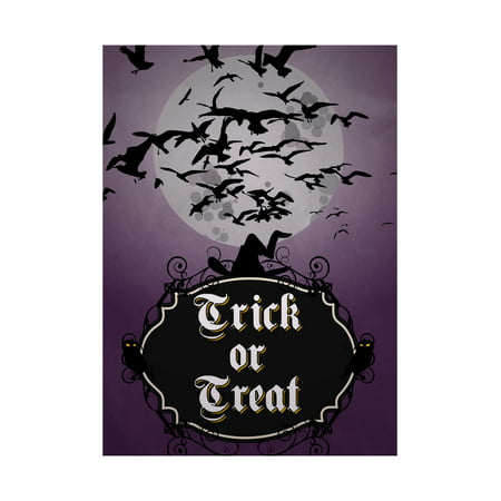 Trick Or Treat Print Large Purple Dark Night Moon Birds Flying Witches Hat Owls Scary Halloween Seasonal Decor, 12x18