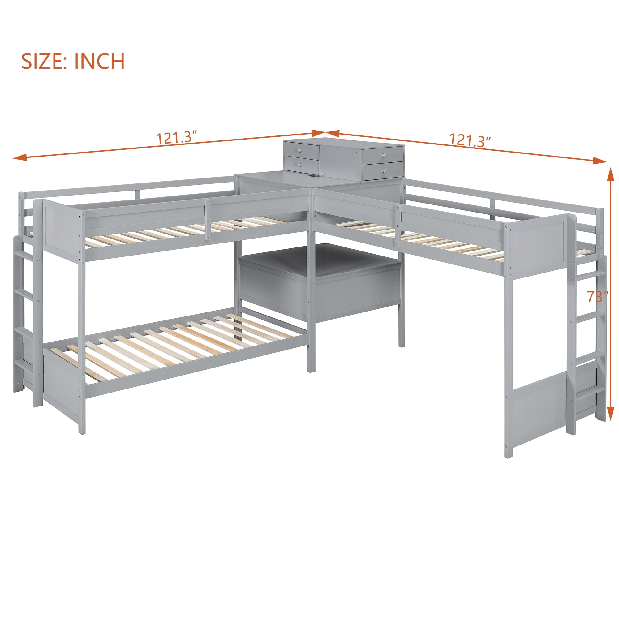 Mintazer Twin L-Shaped Triple Bunk Bed with Desk & Charging Station, Triple Bunk Bed with 4 Drawers & Guardrails for Kids Teen Bedrooms, Gray