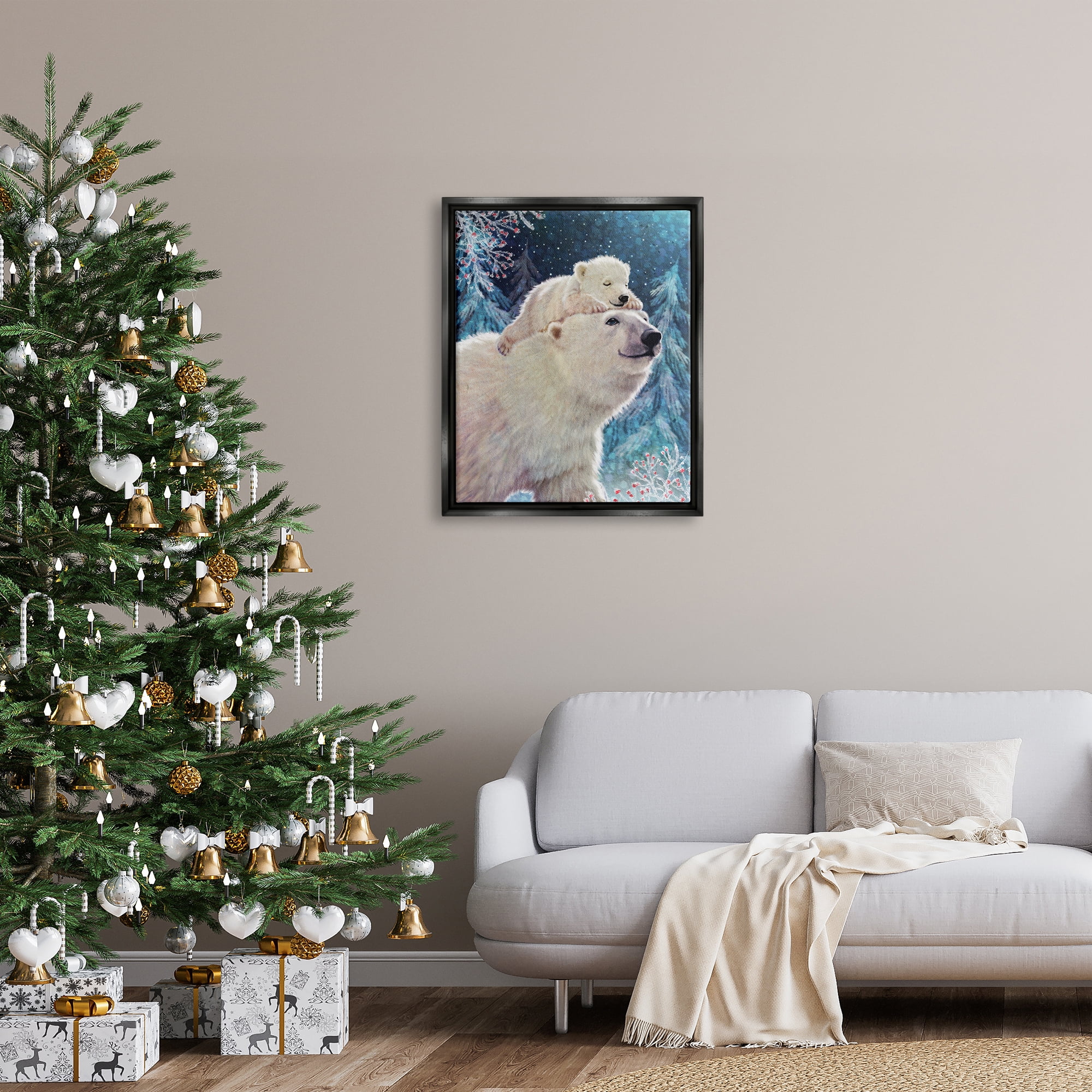 Stupell Industries Polar Bear & Cub Winter Scene Holiday Painting Black Floater Framed Art Print Wall Art