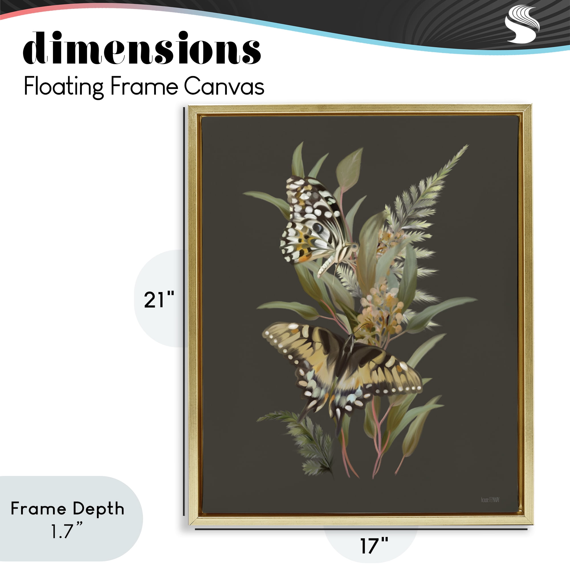 Stupell Industries Twin Swallowtails & Greenery Gold Framed Floater Canvas Wall Art, design by House Fenway
