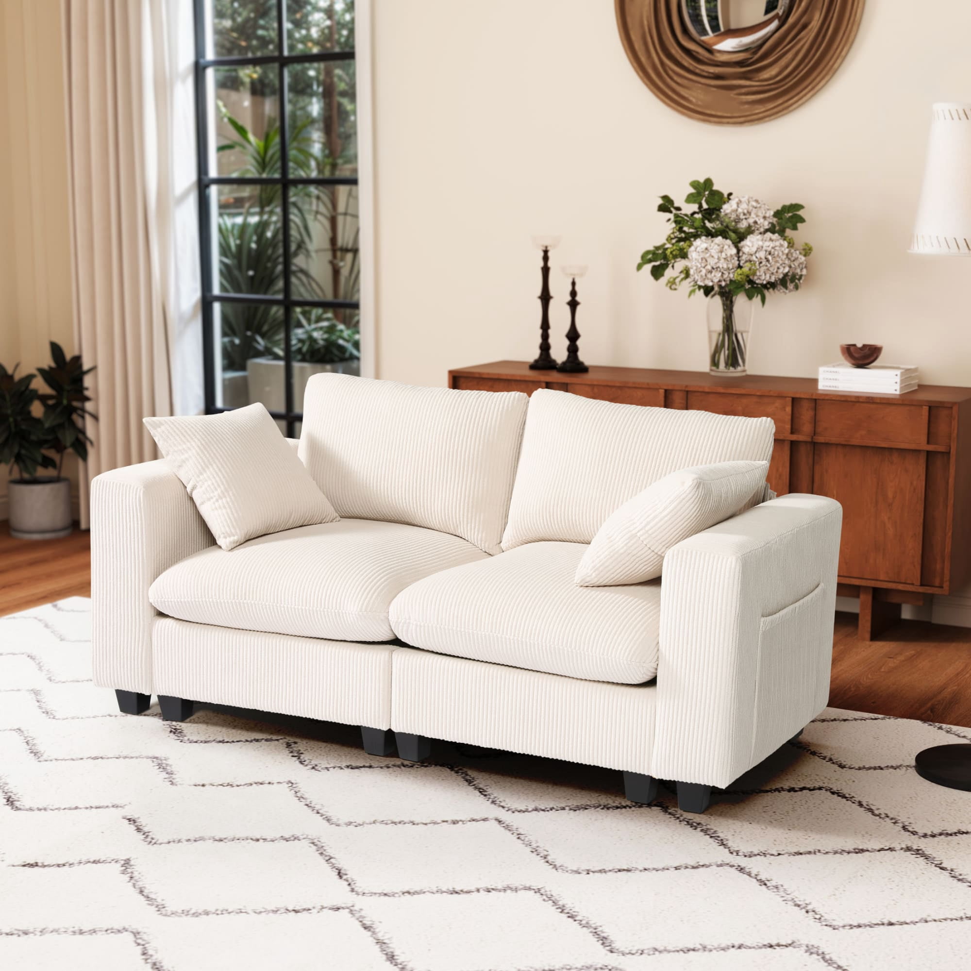 WestinTrends Hearthside 70" Modular Corduroy Loveseat Sofa With USB/Type-C Ports and Side Pockets, Cream