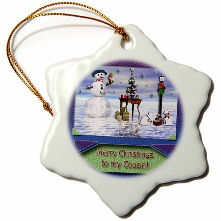3dRose Snowman with Bunny Friends 3d Merry Christmas to Cousin - Snowflake Ornament,