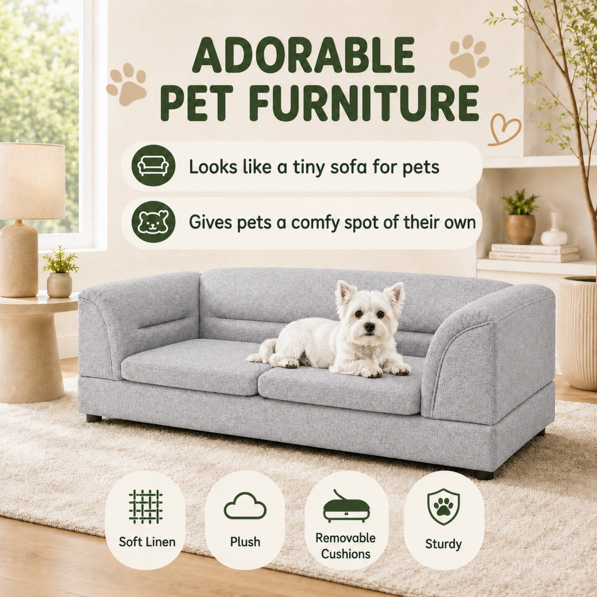 Aenkyo 52" Large Dog Sofa Bed, Linen Pet Couch with Removable Cushions, Light Gray
