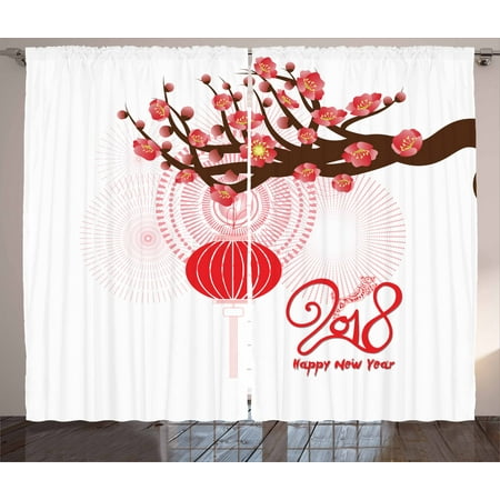 Chinese New Year Curtains 2 Panels Set, Blossoming Cherry Branch and Lantern with Happy Wish, Window Drapes for Living Room Bedroom, 108W X 63L Inches, Brown Scarlet and Dark Coral, by