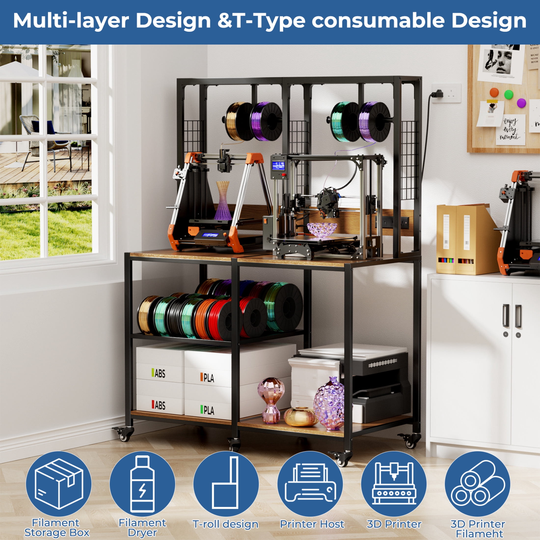 Noble House Double 3D Printer Stand with Filament Storage, Heavy-Duty Metal Dual Workbench with Lockable Wheels, Black