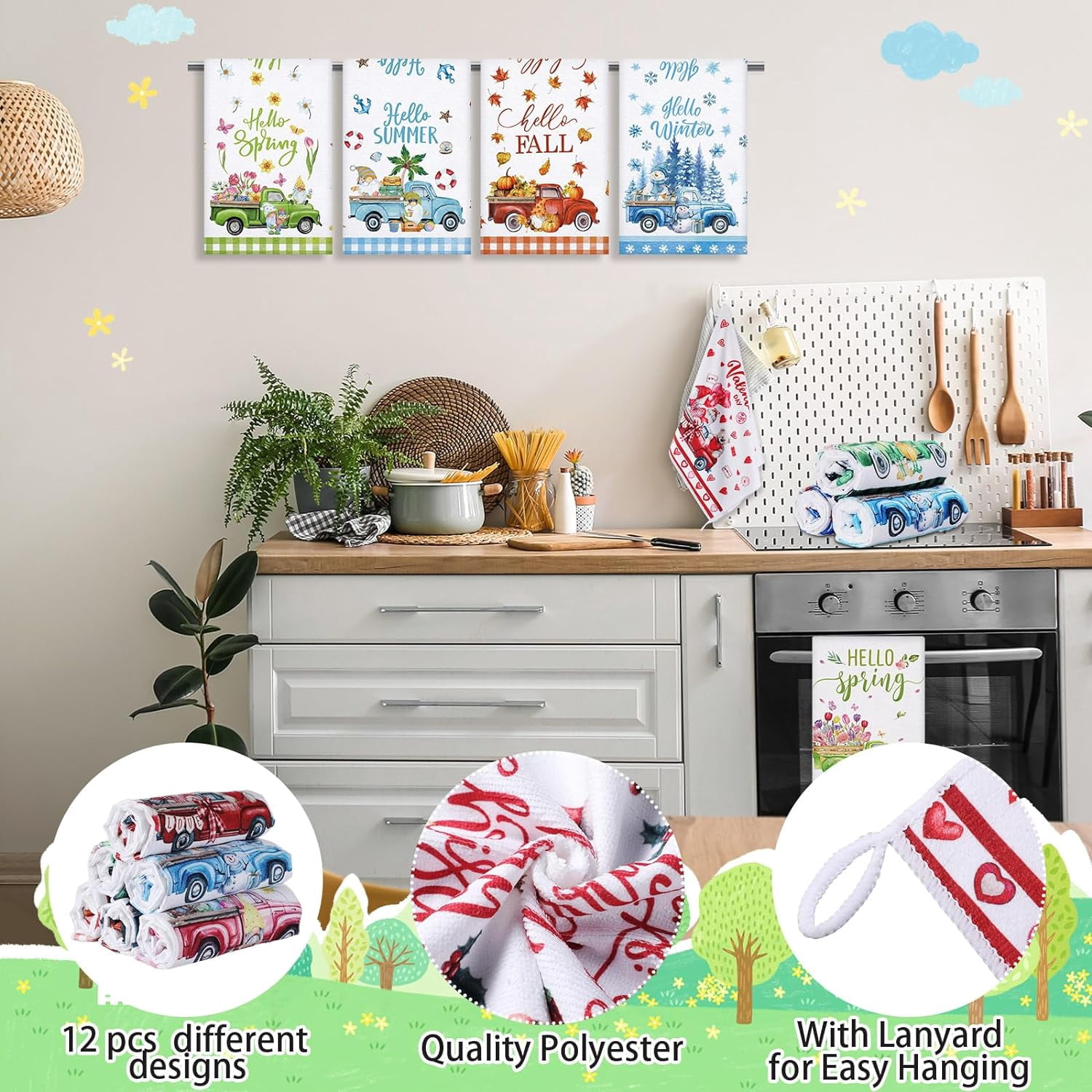 12 Pcs Seasonal Kitchen Towels Set for All Holidays Spring Easter Irish Hand Dish Tea Towels Bulk Absorbent Dishcloths Housewarming Gift for Cooking Kitchen Bathroom(Truck Style)