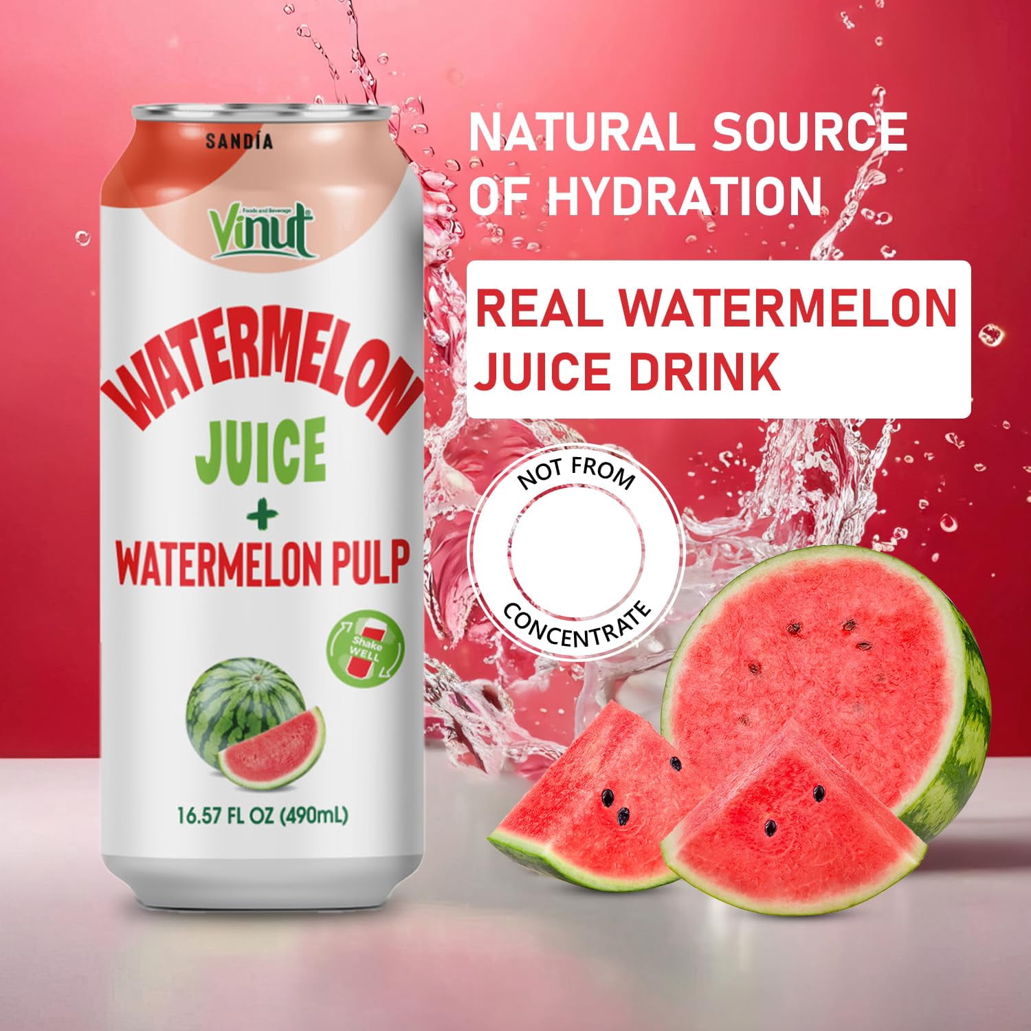 Vinut 100% Watermelon Juice With Pulp (16.57 fl oz, Pack 12), No Sugar Added, Fresh, Natural, Not from Concentrate (NFC)