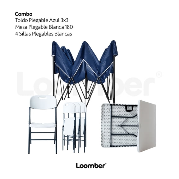 Combo de Mesa y 4 Sillas Plegables con Toldo Azul Impermeable