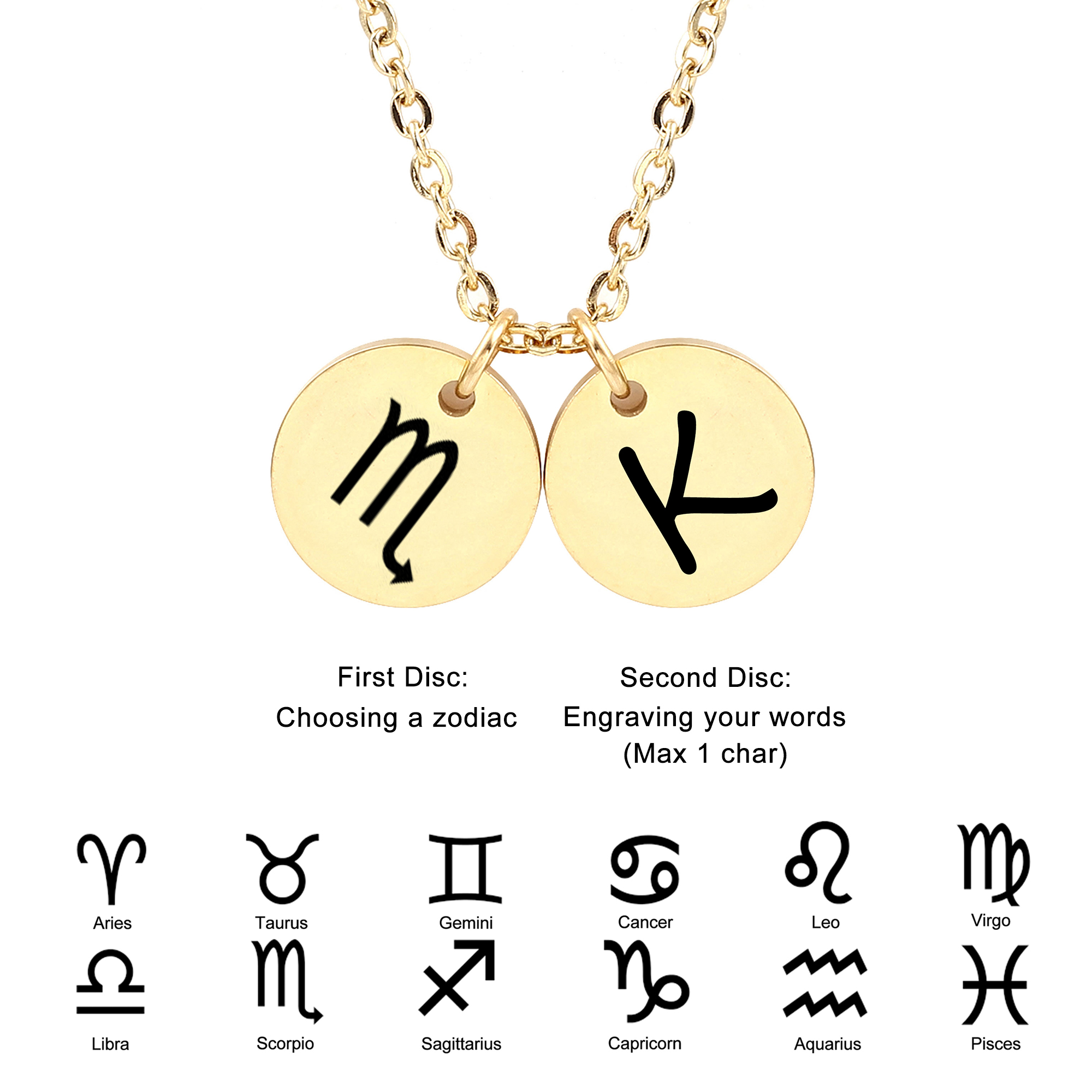 Personalized Round Constellation Initial Necklace - Engraved Zodiac Symbol Jewelry - Christmas Gift for Her - Stainless Steel - 18" Chain - Gold Scorpio