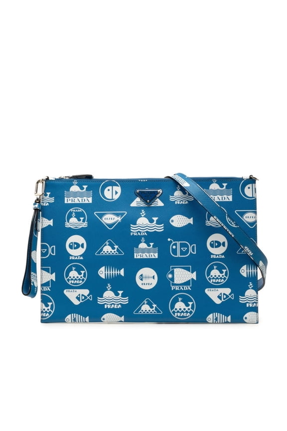 Pre-Owned Prada Brick Marine Style Triangle Logo Plate Fish Clutch Bag Shoulder 2NH005 Blue...