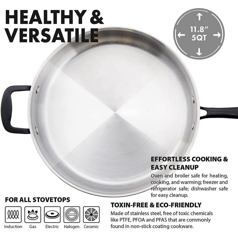 GrandTies 5 QT 12 Inch Tri-Ply Stainless Steel Saute pan with Lid Induction  Cookware