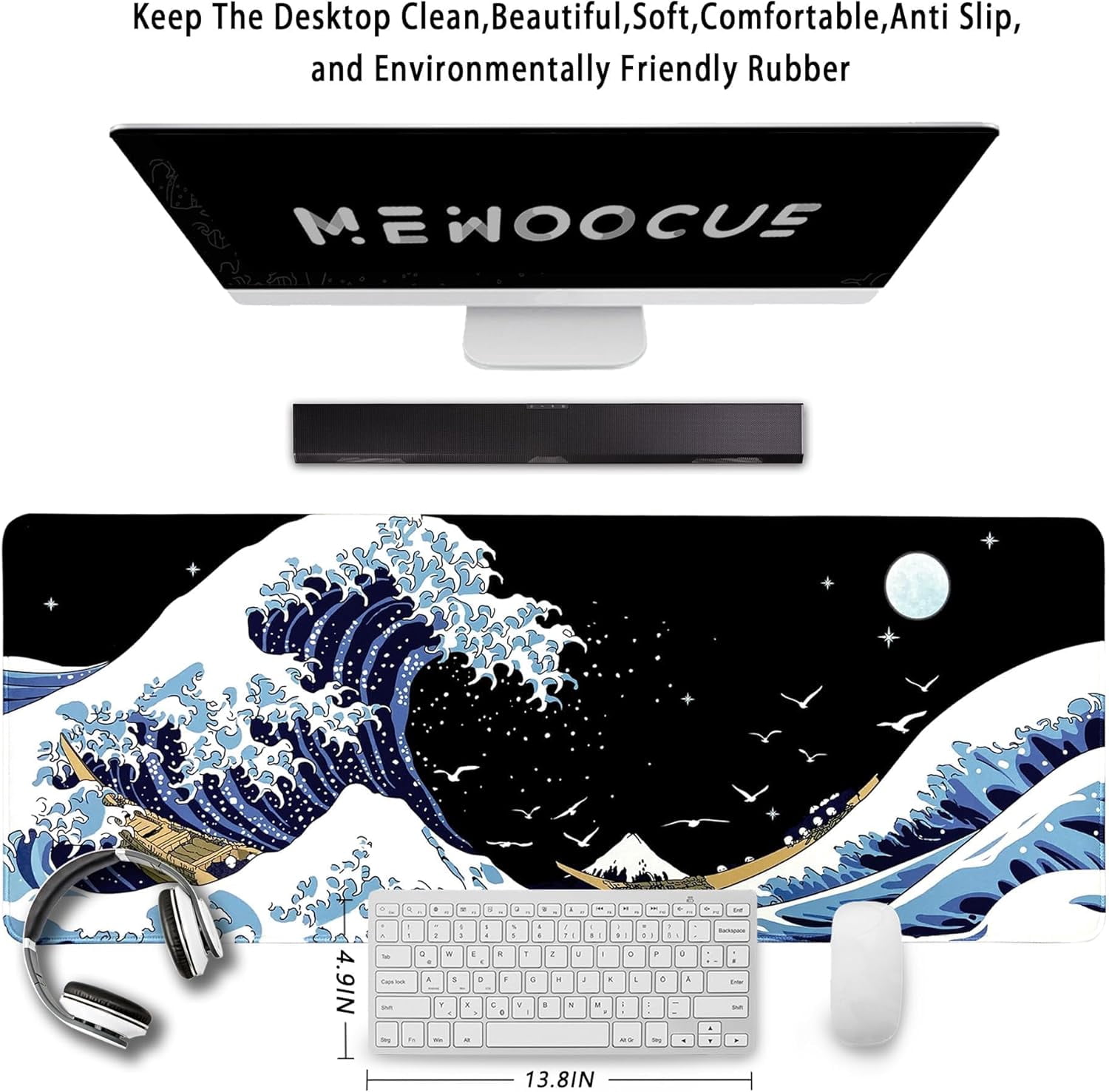Gaming Mouse Pad for Desk,Large Wave Mousepad Laptop,Black Japanese Anime Mouse Mat,Long XXL Waterproof Keyboard Pads,Big Non-Slip Mousepads for Game Office Home（31.5 x 11.9 in）