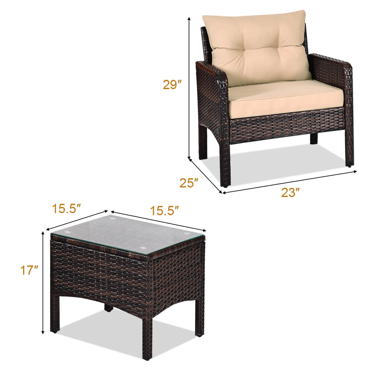 Costway 3 PCS Patio PE Wicker Furniture Set with Cushions and Tempered Glass Coffee Table Brown