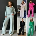 thumbnail image 2 of 2 Pcs/Set Women Coat Pants Suit Golden Velvet Zip-up Stand Collar Long Sleeve Top Drawstring Elastic Waist Wide Leg Loose Trousers Winter Daily Wear Tracksuit, 2 of 8