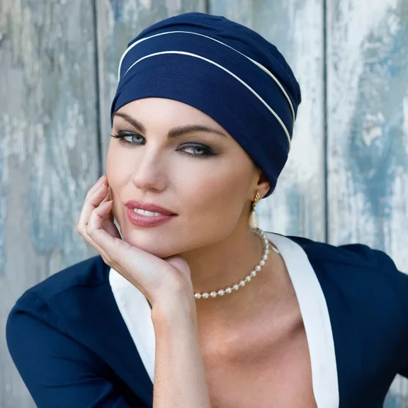 Brooklyn Chemo Headwear Beanie Cap for Women, Soft Bamboo Cancer Hat for Alopecia (Navy/White)