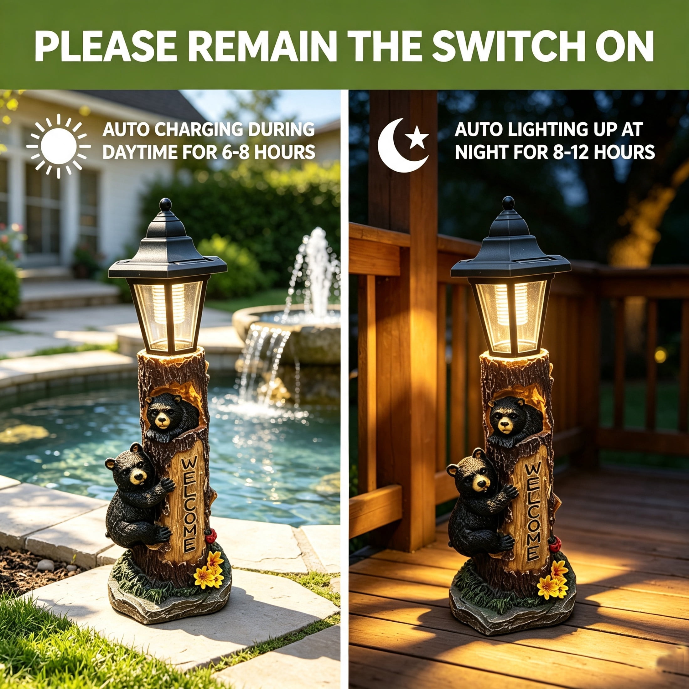 GDF Studio 18" Bear Family Tree Statue with Solar-Powered Light and Welcome Sign for Courtyard, Garden and Patio, Brown