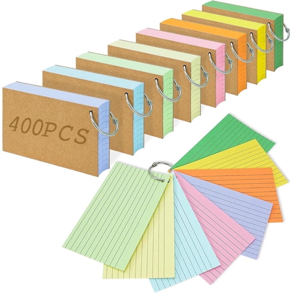 400PCS Index Cards, 3x5 Inches Colored Flash Cards with Ring, Lined Notecards, Ruled Study Card, Flashcards, Heavy Note Cards, 8 Packs of 50
