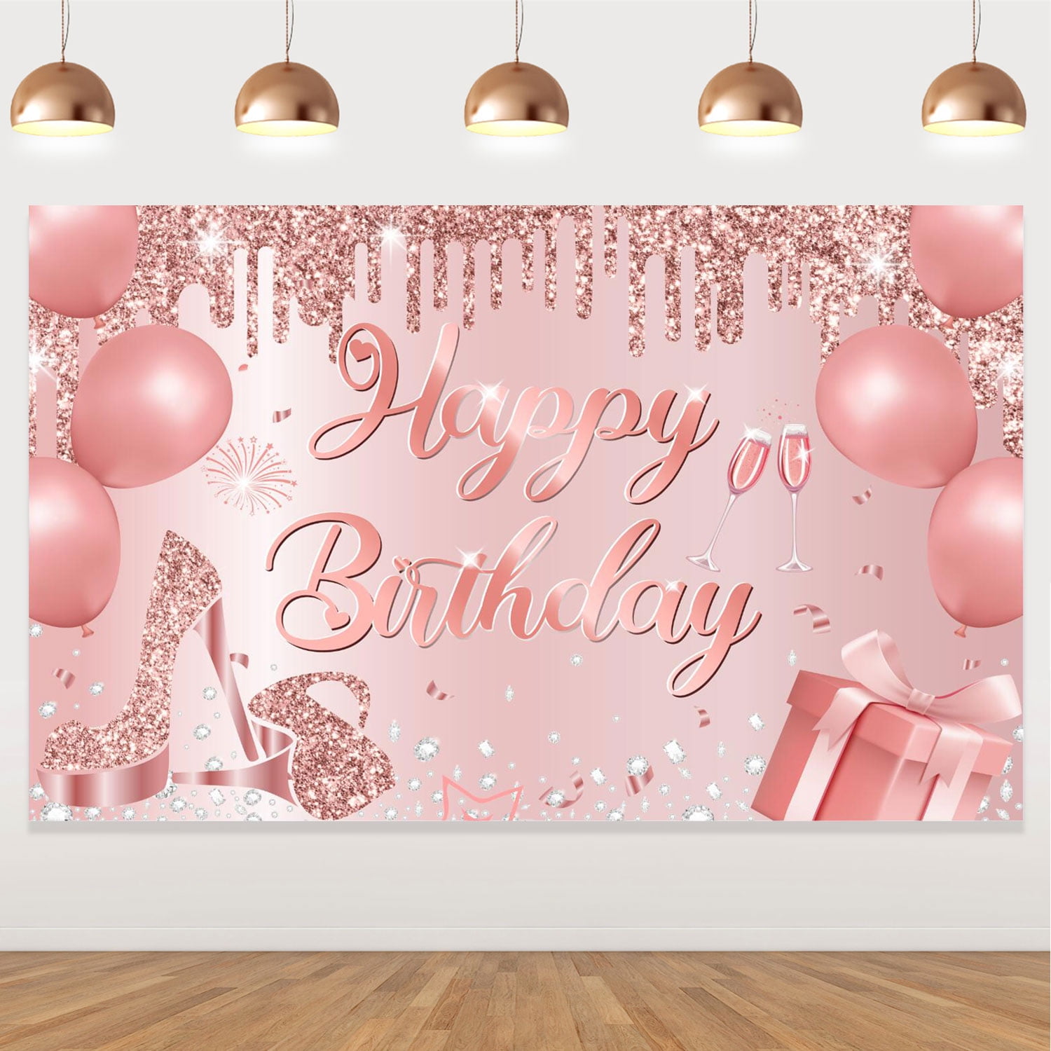 Rose Gold Happy Birthday Backdrop Decorations for Women, Rose Gold