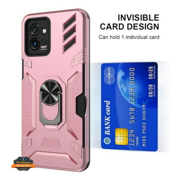 For Motorola Moto G 5G 2023 Invisible Wallet Credit Card Holder with Ring Stand Kickstand Slim Shockproof Hybrid Phone Case Cover by Xpression - Rose Gold