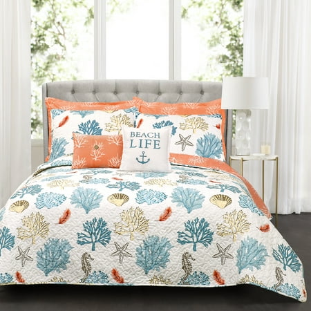 Full/Queen 7pc Coastal Reef Feather Reversible Quilt Set Blue/Coral - Lush Décor