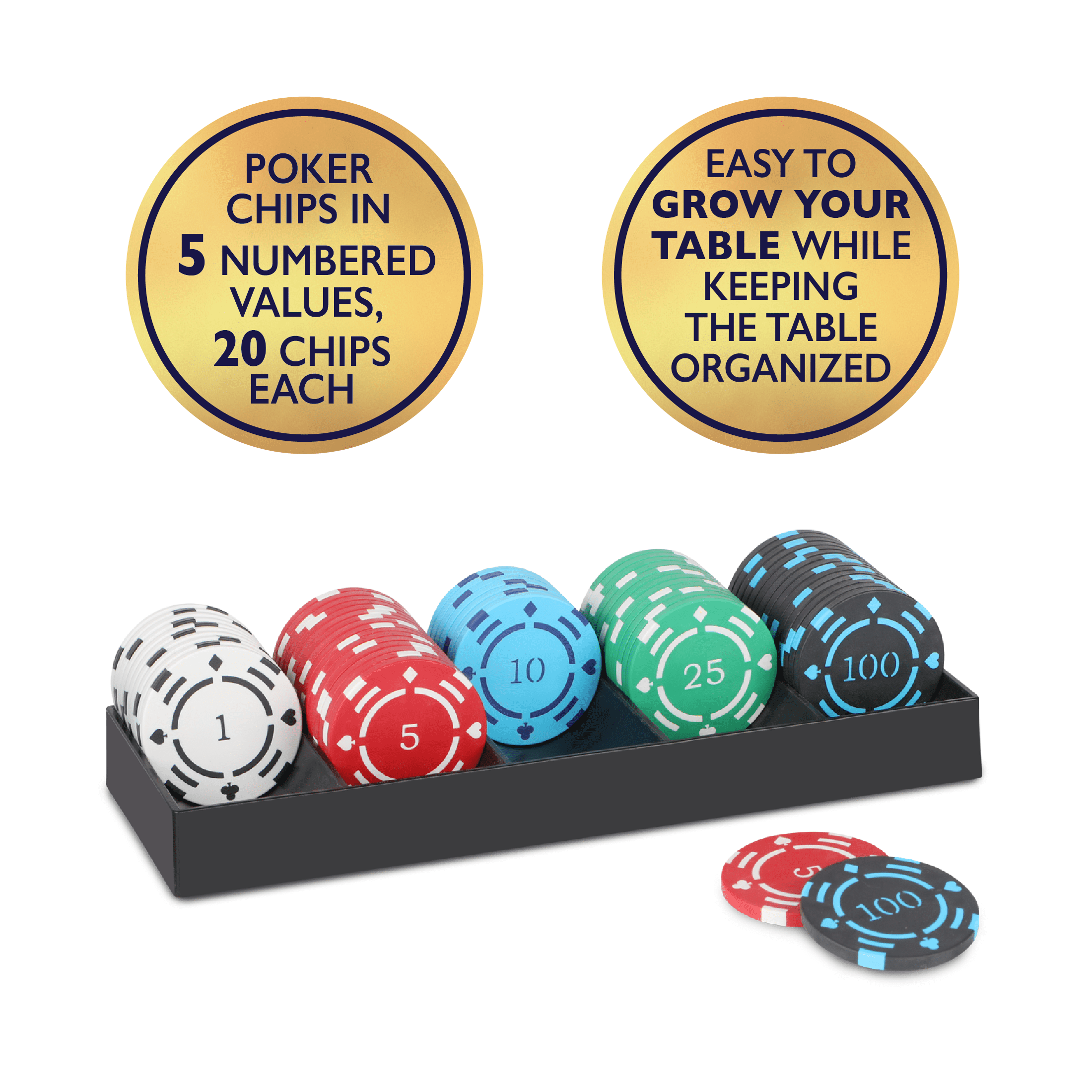 Classic Games, 100 Piece Premium Clay-Feel Poker Chips in 5 Colors with Storage Tray, Game Night and Family Fun, Ages 14 and over