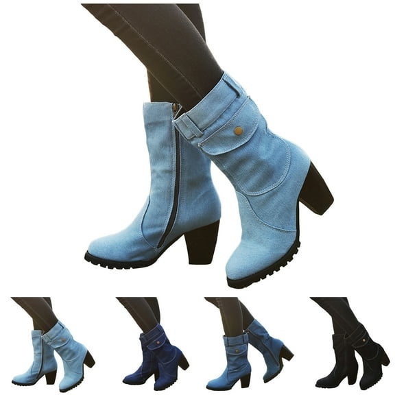 Dakaela Women's Cowboy Ankle Boots Chunky Heel Wide Calf Western Booties Round Toe Dress Jeans Denim Cowgirl Boot Black 6