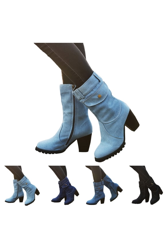 Women's Cowboy Ankle Boots Chunky Heel Wide Calf Western Booties Round Toe Dress Jeans Denim Cowgirl Boot Black 6