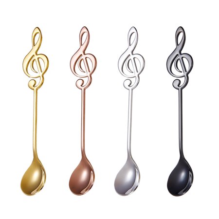 

4pcs Stainless Steel Titanium-coated Coffee Spoons Musical Note Pattern Stirring Spoon Dessert Scoop Tableware (Black+Primary Color+Golden+Rose Gold)