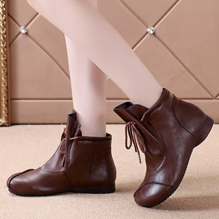 

Christmas Fashion Autumn Women Ankle Boots Low Heel Flat Soft Round Toe Lace Up Solid Color Comfortable Casual Style