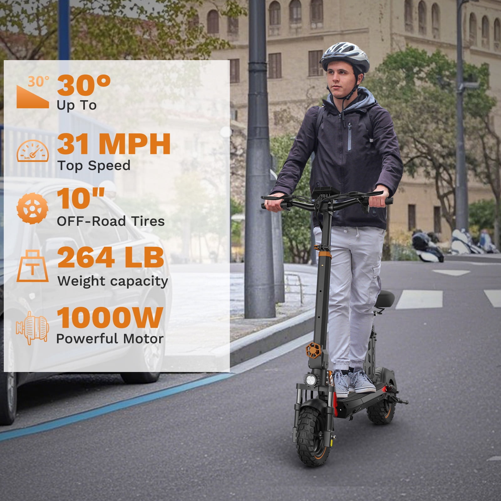 JUN LING Off Road Electric Scooter for Adults - 1000W, 10" Tires, 31MPH, 34Miles, Foldable E-Scooter with Detachable Seat