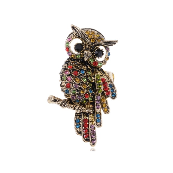 Alilang Womens Stretchy Antique Golden Tone Multicolored Rhinestones Rainbow Owl Bird Ring