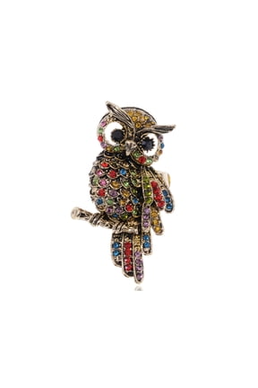Womens Stretchy Antique Golden Tone Multicolored Rhinestones Rainbow Owl Bird Ring
