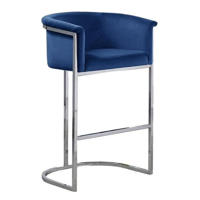 Tabouret de Bar en Velours Bleu Marine (Unité) avec Base en Métal Chromé Argenté