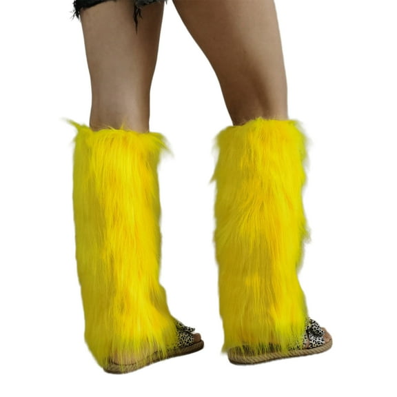 Women Girls Japanese Solid Color Leg Warmer Plush Socks Winter Warm Boot Cuffs Bright Yellow Fuzzy Knee Length Leg Cover