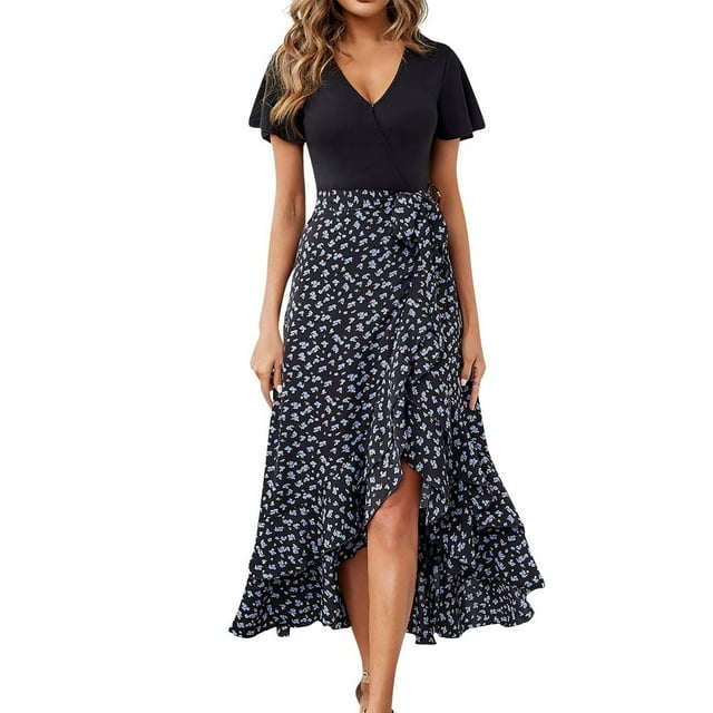 QIPOPIQ Robe Maxi d'Été 2024 pour Femme Portefeuille à Col en V à Volants à Manches Courtes Printemps Décontractée Bohème Fendue Plage Longue Fluide Robes Tendance Été Liquidation