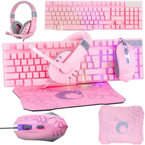 Teclado Y Ratón Gaming Orzly RX-250 Rosa Auriculares Alfombrilla Led RGB
