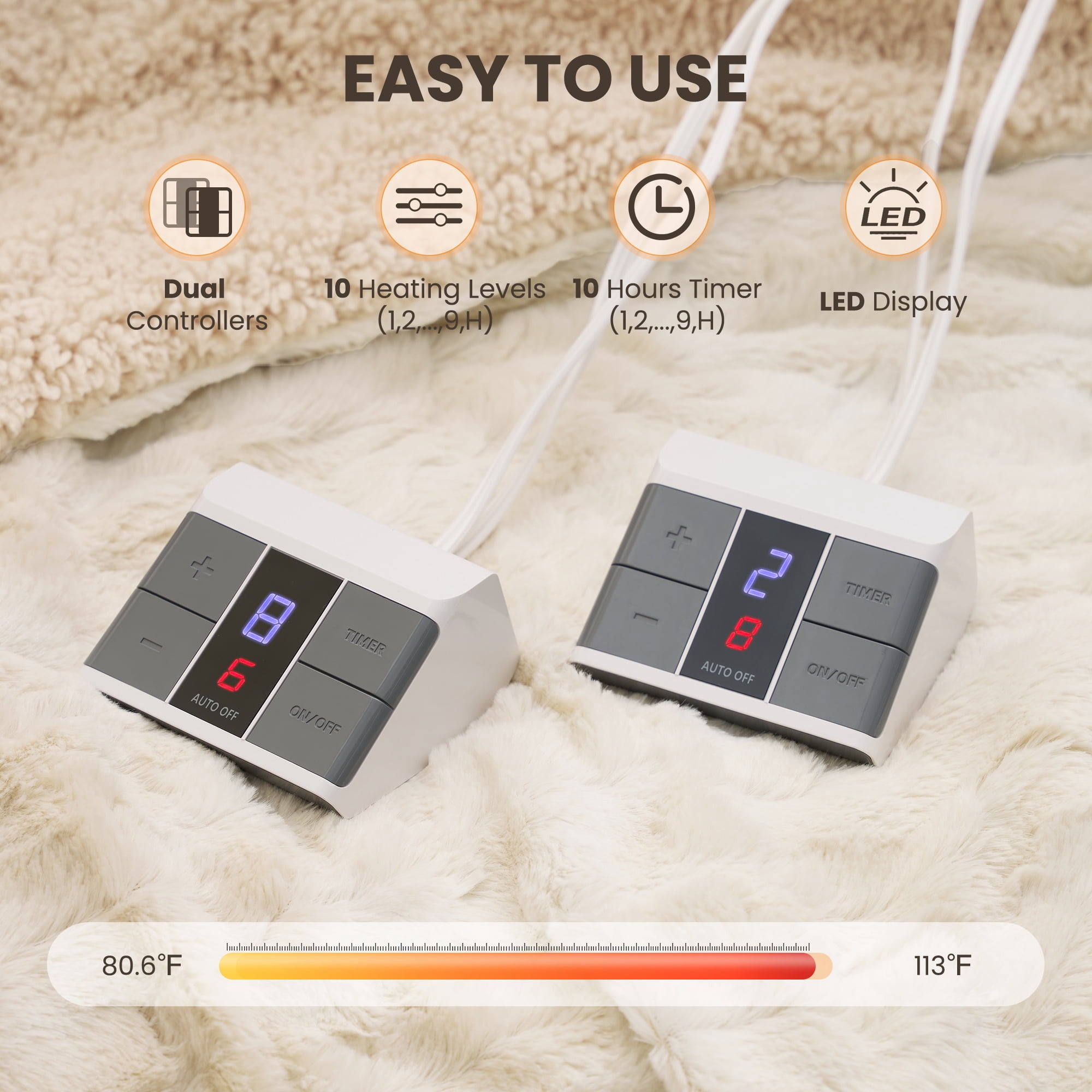 MARNUR Heated Blanket Queen Size 84" x 90", Faux Fur & Sherpa Electric Blanket with Dual Controllers, 10 Heat Levels, 10H Timer, Tie-Dye Off White