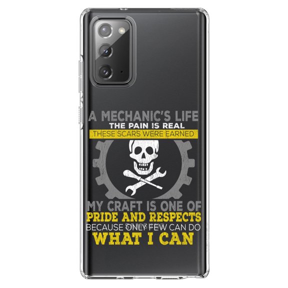 DistinctInk Clear Shockproof Hybrid Case for Samsung Galaxy Note 20 (6.7" Screen) - TPU Bumper Acrylic Back Tempered Glass Screen Protector - Mechanic's Life Pain Is Real Pride Respect
