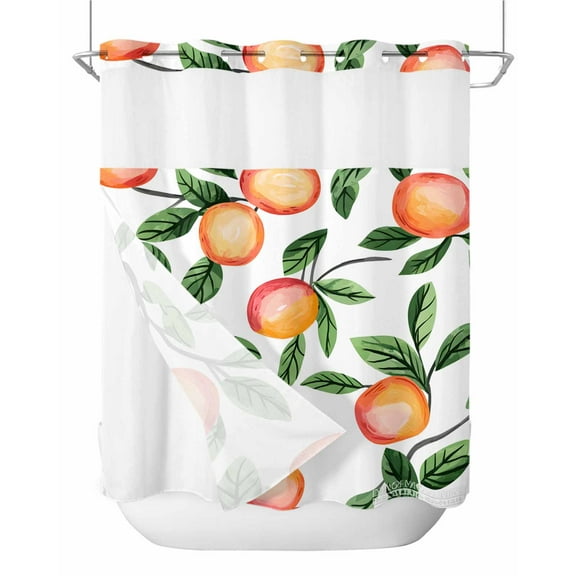 No Hook Shower Curtains with Snap in Liner, Summer Fruits Waterproof Fabric Shower Curtain, Spring Orange Peach Green Botanical Double Layers & See-Through Top Window Bathroom Curtains 66''x72''