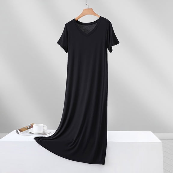 Neewe Women's Summer Casual Midi Dresses Plain V Neck Short Sleeve Knee Soft Fabric House ShirtDress