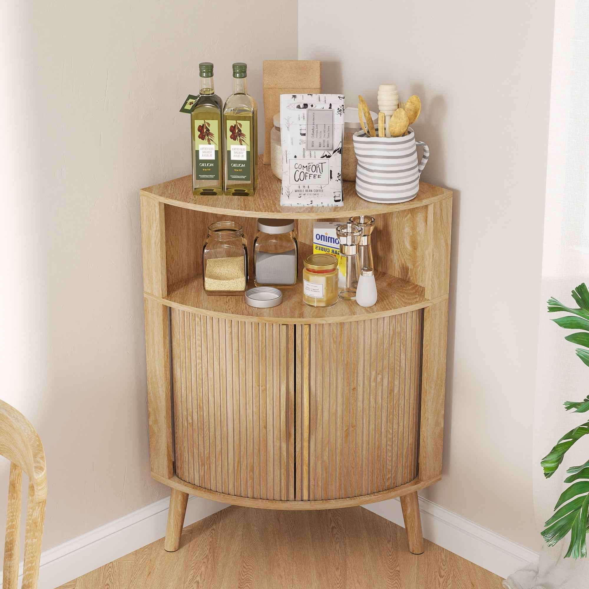 Bathroom Corner Storage Cabinet with Sliding Doors, Freestanding Floor Cabinet with Open Shelves for Kitchen, Living Room